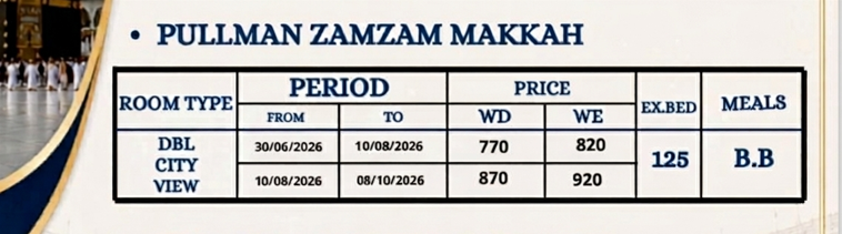 ZAMZAM PULLMAN MAKKAH HOTEL RATE